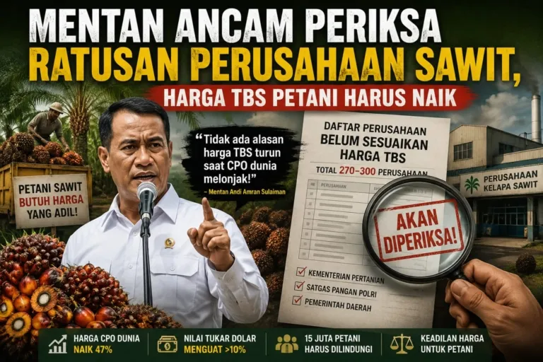 Mentan Ancam Periksa Ratusan Perusahaan Sawit, Harga TBS Petani Diduga Masih Ditekan DAYABORNEO, Jakarta — Pemerintah mulai menunjukkan sikap tegas terhadap perusahaan-perusahaan sawit yang dinilai belum memberikan harga yang adil kepada petani. Menteri Pertanian Andi Amran Sulaiman mengultimatum sekitar 270 hingga 300 perusahaan kelapa sawit yang diduga masih membeli Tandan Buah Segar (TBS) di bawah harga yang seharusnya, meski harga minyak sawit mentah (CPO) dunia sedang menguat. Langkah tersebut diambil setelah pemerintah menemukan ketidaksesuaian antara tren kenaikan harga komoditas global dengan harga yang diterima petani di sejumlah daerah sentra sawit. Bersama Satgas Pangan Polri, Kementerian Pertanian kini menyiapkan pemeriksaan terhadap perusahaan-perusahaan yang belum mengikuti ketetapan harga yang telah ditetapkan pemerintah daerah. «“Kalau harga CPO dunia naik dan nilai tukar dolar juga menguat, tidak ada alasan harga TBS petani justru turun,” tegas Mentan Andi Amran Sulaiman dalam rapat koordinasi nasional yang membahas stabilisasi harga sawit.» Data Kementerian Pertanian menunjukkan harga CPO global mengalami kenaikan sekitar 47 persen. Pada saat yang sama, nilai tukar dolar AS terhadap rupiah meningkat lebih dari 10 persen. Namun di lapangan, harga TBS yang diterima petani di sejumlah wilayah justru sempat merosot hingga sekitar 17 persen. Kondisi tersebut memicu perhatian serius pemerintah karena menyangkut kehidupan jutaan keluarga petani sawit di Indonesia. Sedikitnya 15 juta petani dan pekerja sektor sawit bergantung pada stabilitas harga komoditas tersebut. Amran mengungkapkan Presiden Prabowo Subianto memberikan perhatian khusus terhadap persoalan ini dan meminta pemerintah memastikan petani memperoleh haknya secara adil. Hasil evaluasi sementara menunjukkan sekitar 70 persen harga TBS di berbagai daerah telah mengalami pemulihan. Namun pemerintah menilai masih ada perusahaan yang belum menyesuaikan harga sesuai ketentuan. «“Data perusahaan yang belum patuh akan kami serahkan kepada aparat untuk ditindaklanjuti,” kata Amran.» Pemerintah menegaskan penertiban ini bukan untuk menghambat dunia usaha, melainkan menciptakan tata niaga sawit yang lebih sehat. Dengan harga yang adil di tingkat petani, Indonesia diyakini dapat memperkuat posisi sebagai produsen sawit terbesar dunia sekaligus mempercepat agenda hilirisasi dan pengembangan bioenergi nasional.