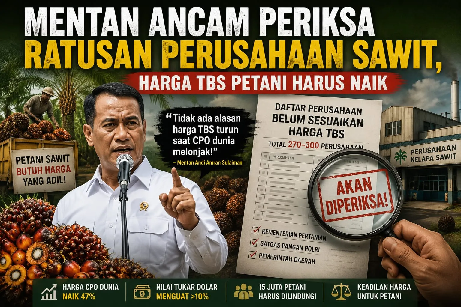 Mentan Ancam Periksa Ratusan Perusahaan Sawit, Harga TBS Petani Diduga Masih Ditekan DAYABORNEO, Jakarta — Pemerintah mulai menunjukkan sikap tegas terhadap perusahaan-perusahaan sawit yang dinilai belum memberikan harga yang adil kepada petani. Menteri Pertanian Andi Amran Sulaiman mengultimatum sekitar 270 hingga 300 perusahaan kelapa sawit yang diduga masih membeli Tandan Buah Segar (TBS) di bawah harga yang seharusnya, meski harga minyak sawit mentah (CPO) dunia sedang menguat. Langkah tersebut diambil setelah pemerintah menemukan ketidaksesuaian antara tren kenaikan harga komoditas global dengan harga yang diterima petani di sejumlah daerah sentra sawit. Bersama Satgas Pangan Polri, Kementerian Pertanian kini menyiapkan pemeriksaan terhadap perusahaan-perusahaan yang belum mengikuti ketetapan harga yang telah ditetapkan pemerintah daerah. «“Kalau harga CPO dunia naik dan nilai tukar dolar juga menguat, tidak ada alasan harga TBS petani justru turun,” tegas Mentan Andi Amran Sulaiman dalam rapat koordinasi nasional yang membahas stabilisasi harga sawit.» Data Kementerian Pertanian menunjukkan harga CPO global mengalami kenaikan sekitar 47 persen. Pada saat yang sama, nilai tukar dolar AS terhadap rupiah meningkat lebih dari 10 persen. Namun di lapangan, harga TBS yang diterima petani di sejumlah wilayah justru sempat merosot hingga sekitar 17 persen. Kondisi tersebut memicu perhatian serius pemerintah karena menyangkut kehidupan jutaan keluarga petani sawit di Indonesia. Sedikitnya 15 juta petani dan pekerja sektor sawit bergantung pada stabilitas harga komoditas tersebut. Amran mengungkapkan Presiden Prabowo Subianto memberikan perhatian khusus terhadap persoalan ini dan meminta pemerintah memastikan petani memperoleh haknya secara adil. Hasil evaluasi sementara menunjukkan sekitar 70 persen harga TBS di berbagai daerah telah mengalami pemulihan. Namun pemerintah menilai masih ada perusahaan yang belum menyesuaikan harga sesuai ketentuan. «“Data perusahaan yang belum patuh akan kami serahkan kepada aparat untuk ditindaklanjuti,” kata Amran.» Pemerintah menegaskan penertiban ini bukan untuk menghambat dunia usaha, melainkan menciptakan tata niaga sawit yang lebih sehat. Dengan harga yang adil di tingkat petani, Indonesia diyakini dapat memperkuat posisi sebagai produsen sawit terbesar dunia sekaligus mempercepat agenda hilirisasi dan pengembangan bioenergi nasional.