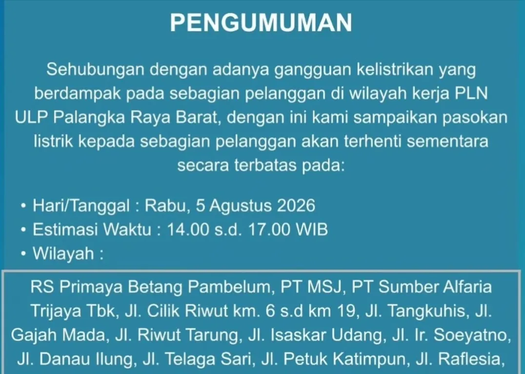 Jadwal Pemadaman Listrik PLN Palangka Raya 5 Agustus 2026: Cek Daftar Wilayah