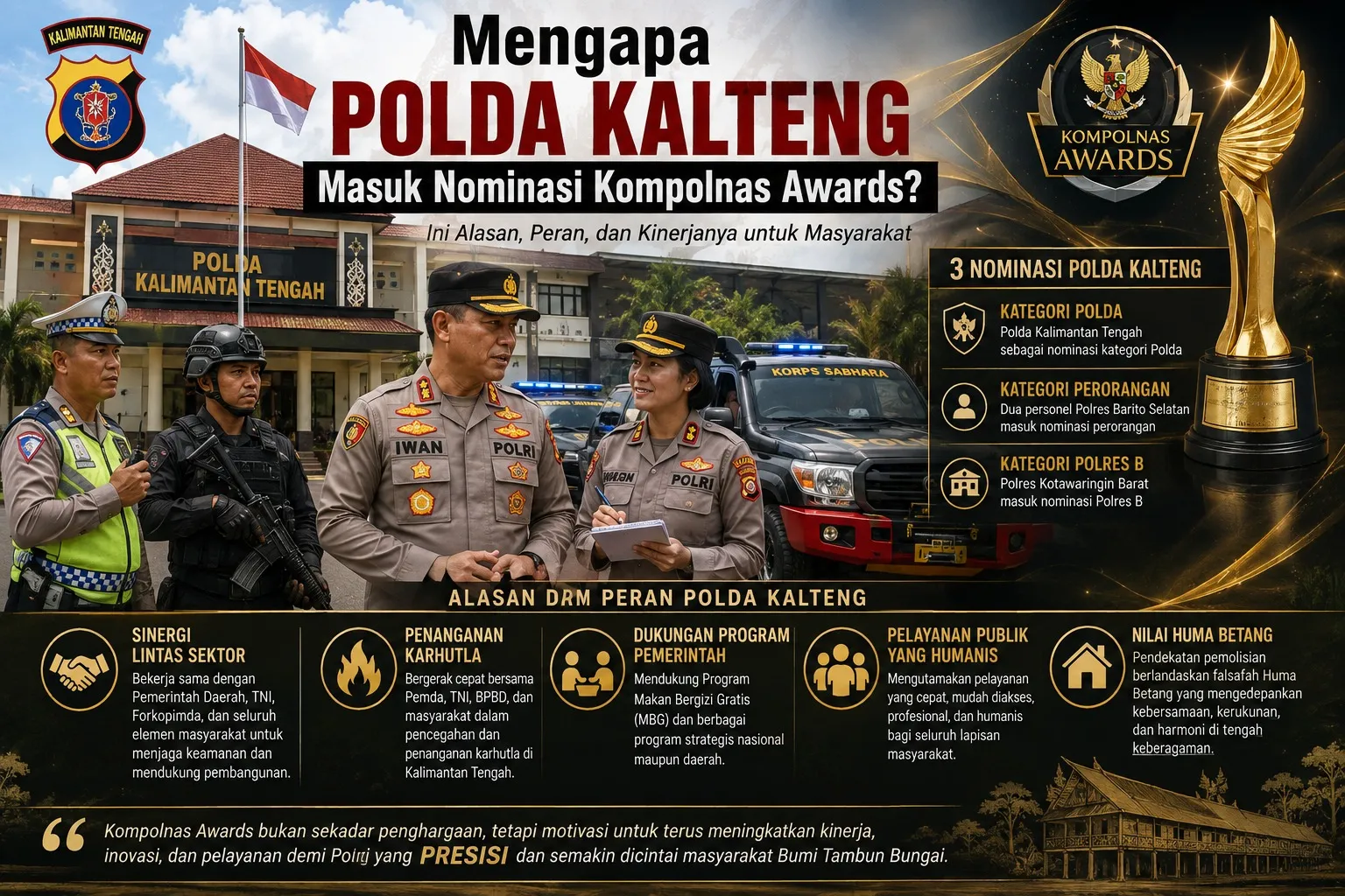 Masuknya Polda Kalimantan Tengah dalam nominasi Kompolnas Awards 2026 menjadi perhatian karena penghargaan tersebut tidak hanya berkaitan dengan keberhasilan menjaga keamanan,